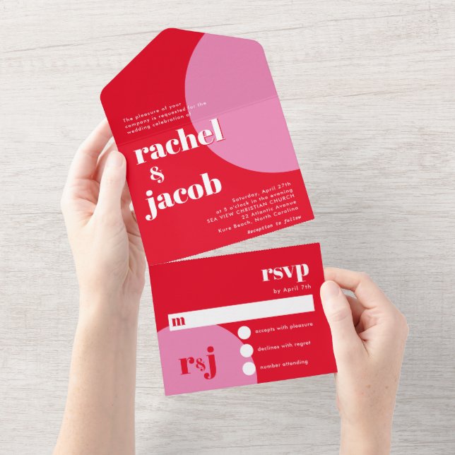 Fun Retro Red & Pink Valentine's Day Wedding All In One Invitation (Tearaway)