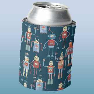 Fun Retro Robot Pattern Can Cooler