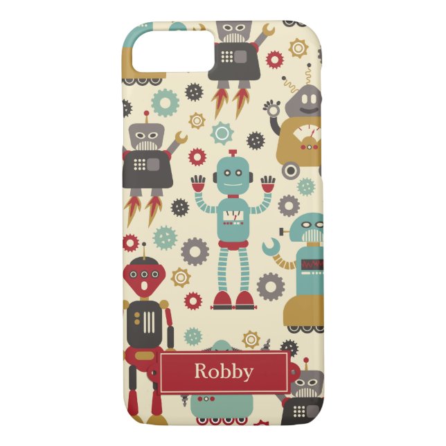 Fun Retro Robots Illustrated Pattern (Cream) Case-Mate iPhone Case (Back)