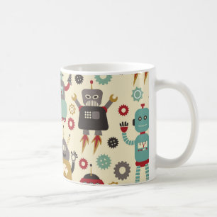 Fun Retro Robots Illustrated Pattern (Cream) Coffee Mug