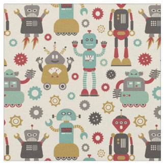 Fun Retro Robots Illustrated Pattern (Cream) Fabric