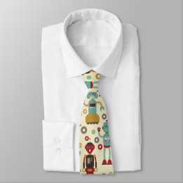 Fun Retro Robots Illustrated Pattern (Cream) Tie
