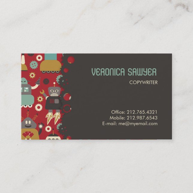Fun Retro Robots Illustrated Pattern (Red) Business Card (Front)