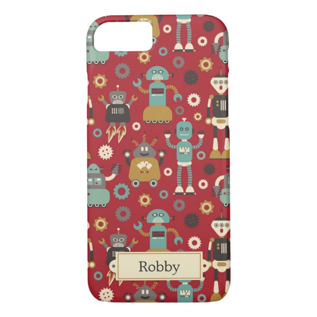 Fun Retro Robots Illustrated Pattern (Red) Case-Mate iPhone Case (Back)