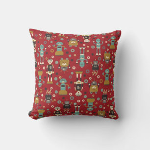 Fun Retro Robots Illustrated Pattern (Red) Cushion