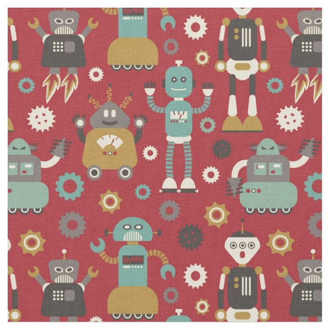 Fun Retro Robots Illustrated Pattern (Red) Fabric (Close Up)