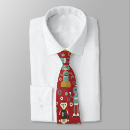 Fun Retro Robots Illustrated Pattern (Red) Tie