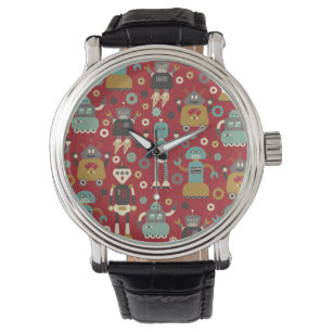 Fun Retro Robots Illustrated Pattern (Red) Watch