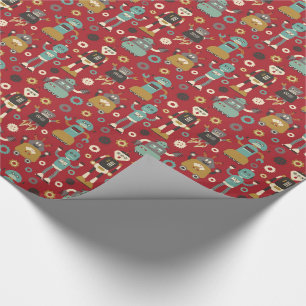 Fun Retro Robots Illustrated Pattern (Red) Wrapping Paper