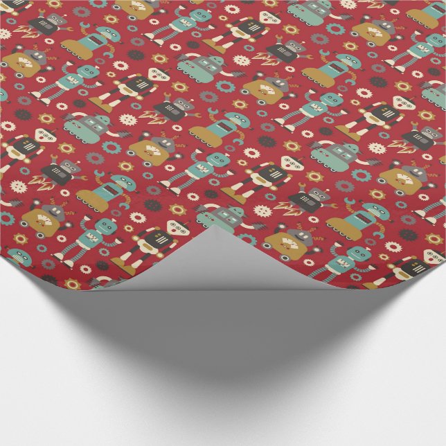 Fun Retro Robots Illustrated Pattern (Red) Wrapping Paper (Corner)