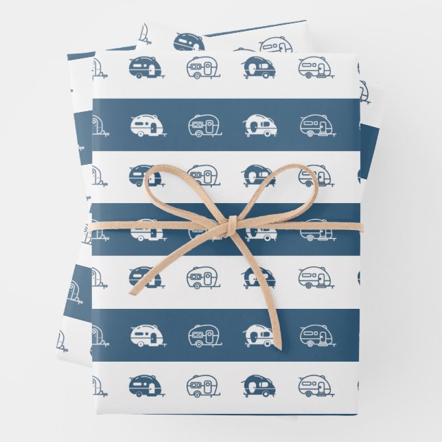 Fun Retro RV Campers in Blue and White Wrapping Paper Sheet (In situ)