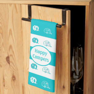 Fun Retro RV Happy Campers in Aqua and White Tea Towel