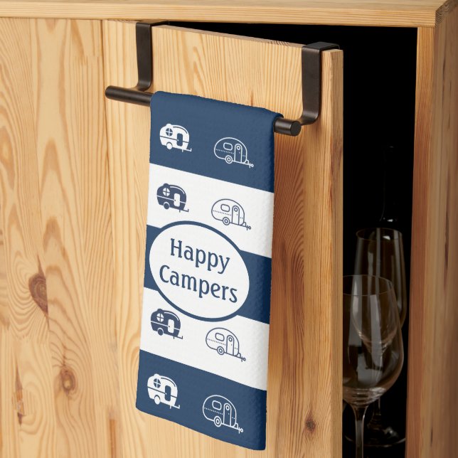 Fun Retro RV Happy Campers in Navy Blue and White Tea Towel (Thirds Fold)