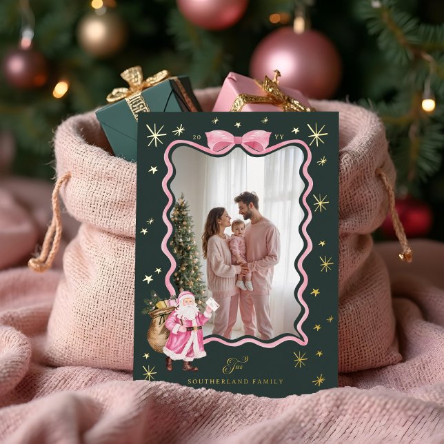 Fun Retro Santa Wavy Pink Ribbon Photo Christmas Foil Holiday Card (Fun Retro Santa Wavy Pink Ribbon Photo Christmas Foil Holiday Card (Front))