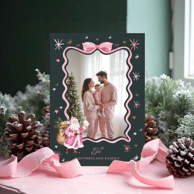 Fun Retro Santa Wavy Pink Ribbon Photo Christmas Holiday Card (Fun Retro Santa Wavy Pink Ribbon Photo Christmas Holiday Card)
