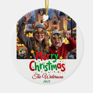 Fun Retro Script Merry Christmas Letterpress Photo Ceramic Tree Decoration