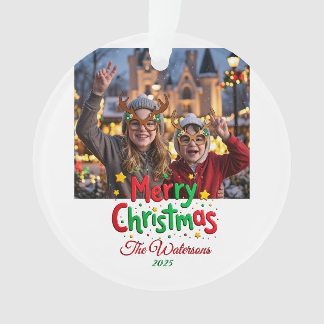 Fun Retro Script Merry Christmas Letterpress Photo Ornament (Front)