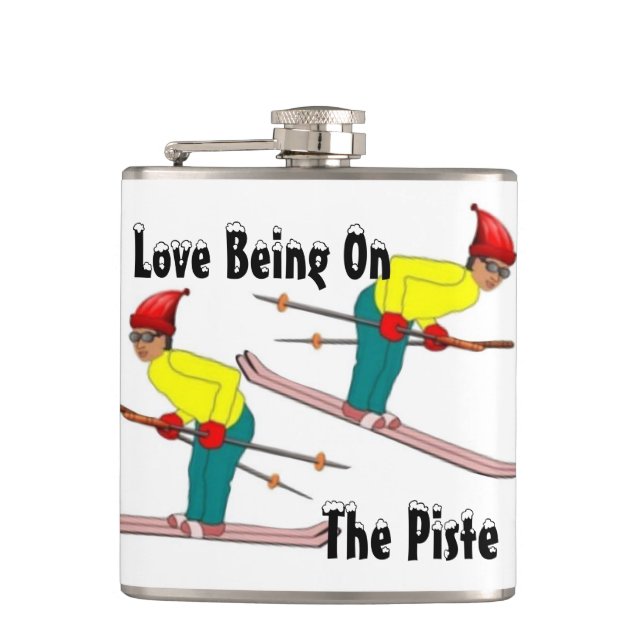 Fun Retro Skiers Love Being On The Piste Hip Flask (Front)