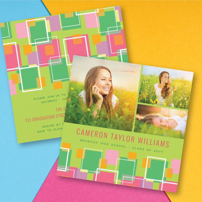 Fun Retro Squares 3 Photo Collage Graduation Party Invitation (Creator Uploaded)