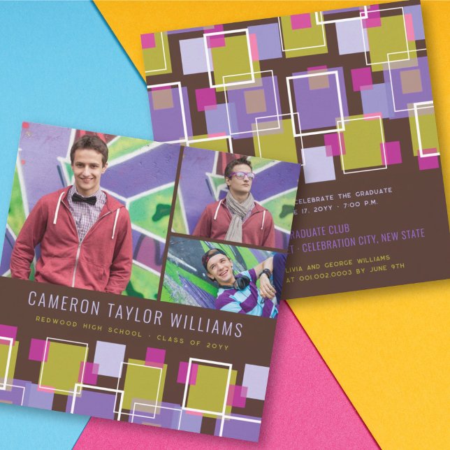Fun Retro Squares 3 Photo Collage Graduation Party Invitation (Creator Uploaded)
