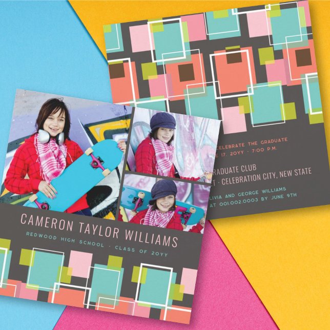 Fun Retro Squares 3 Photo Collage Graduation Party Invitation (Creator Uploaded)