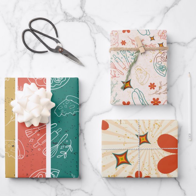 Fun Retro Striped Floral Fast Food Pattern  Wrapping Paper Sheet (Front)