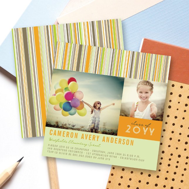 Fun Retro Stripes Photo Graduation Party Invite (Preppy Orange, Lime Green and Grey Stripes Modern 2 Photo Graduation Party Invitation @ fatfatin)