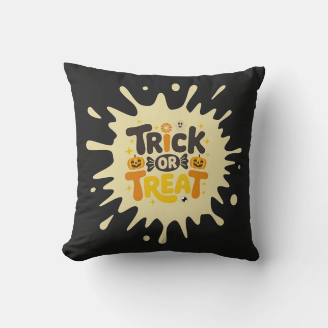Fun Retro "Trick or Treat" Splash Halloween  Cushion (Front)