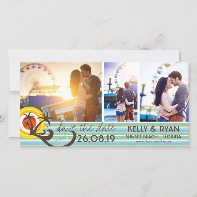 Fun Retro Tropical Beach Sunset Palm Trees 3 Photo Save The Date (Front)