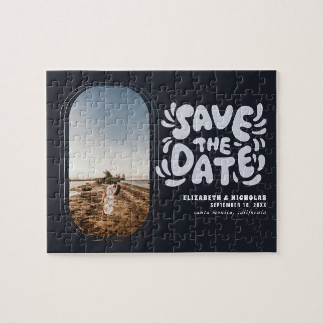 Fun Retro Typography Photo Wedding Save the Date Jigsaw Puzzle (Horizontal)