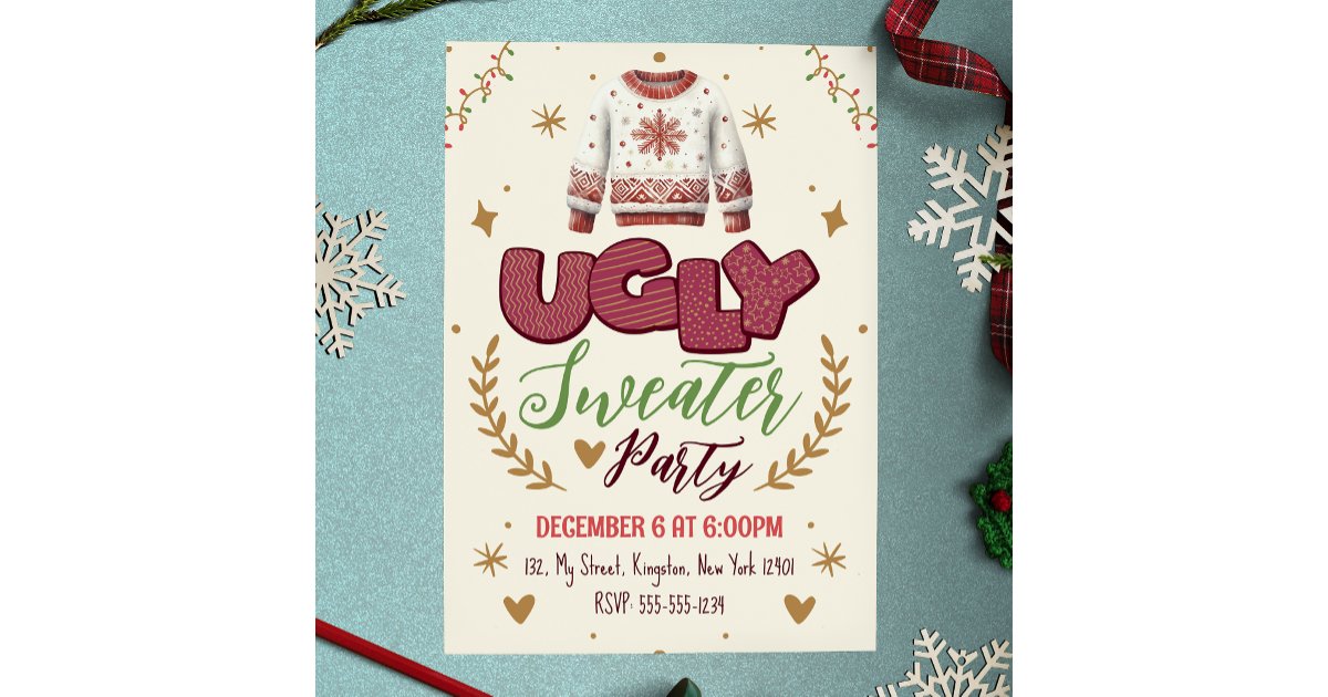 Fun Retro Ugly Sweater Christmas Party Invitation | Zazzle