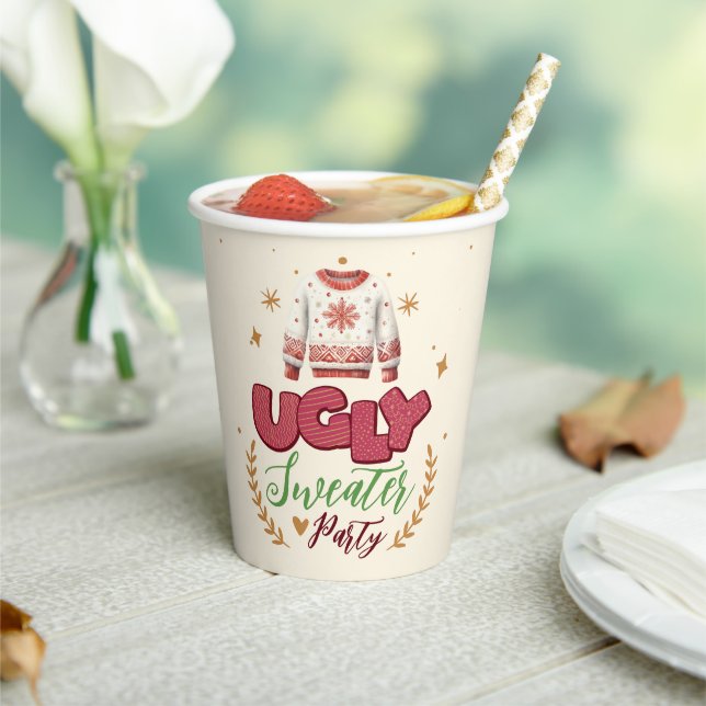 Fun Retro Ugly Sweater Christmas Party Paper Cups (Insitu)