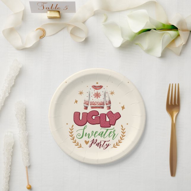 Fun Retro Ugly Sweater Christmas Party Paper Plate (Wedding)