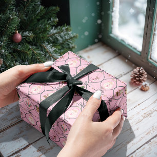 Fun Retro Vintage Christmas Pink Ribbon Watercolor Wrapping Paper