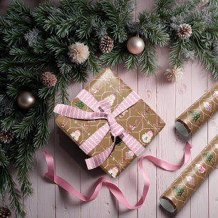 Fun Retro Vintage Christmas Pink Ribbon Watercolor Wrapping Paper