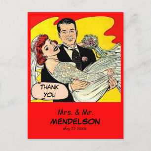 Fun retro vintage comic wedding thank you postcard