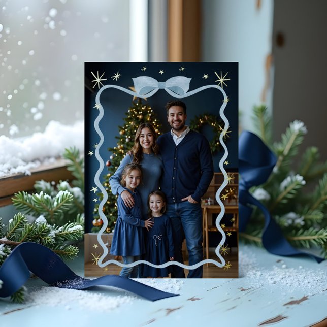 Fun Retro Wavy Blue Ribbon & Stars Photo Christmas Foil Holiday Card (Fun Retro Wavy Blue Ribbon & Stars Photo Christmas Foil Holiday Card)