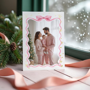 Fun Retro Wavy Pink Ribbon & Stars Photo Christmas Foil Holiday Card