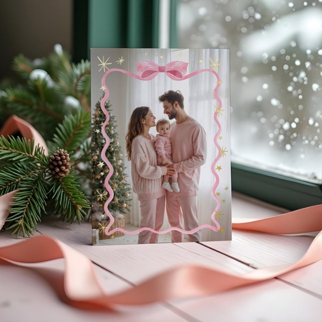 Fun Retro Wavy Pink Ribbon & Stars Photo Christmas Foil Holiday Card ( Fun Retro Wavy Pink Ribbon & Stars Photo Christmas Foil Holiday Card)