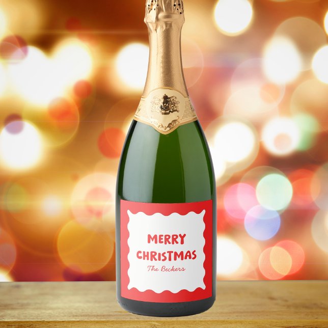 Fun Retro Wavy Red and White Custom Chic Christmas Sparkling Wine Label (Creator Uploaded)