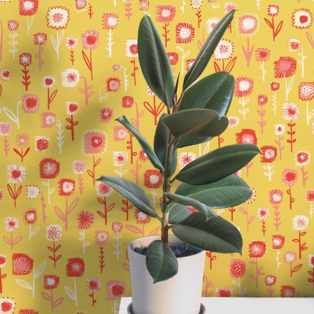 Fun Retro Yellow Floral Pattern Wallpaper (Retro yellow and pink floral ditsy fun peel and stick wallpaper)