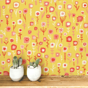 Fun Retro Yellow Floral Pattern Wallpaper