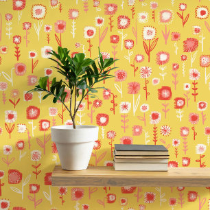 Fun Retro Yellow Floral Pattern Wallpaper
