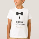 Fun Ring Bearer Black Tie Wedding T-shirt<br><div class="desc">These fun t-shirts are designed as favours or gifts for wedding ring bearers. The t-shirt is white and features an image of a black bow tie and three buttons. The text reads Ring Bearer, and has a place to enter his name as well as the wedding couple's name and wedding...</div>