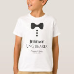 Fun Ring Bearer Black Tie Wedding T-shirt<br><div class="desc">These fun t-shirts are designed as favours or gifts for wedding ring bearers. The t-shirt is white and features an image of a black bow tie and three buttons. The text reads Ring Bearer, and has a place to enter his name as well as the wedding couple's name and wedding...</div>