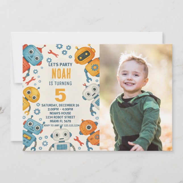 Fun Robot Birthday Invitation for Kids with photo (Front)