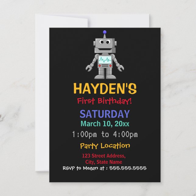 Fun Robot First Birthday Party Invitation (Front)