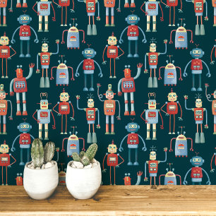 Fun Robot Pattern Teal Green Wallpaper