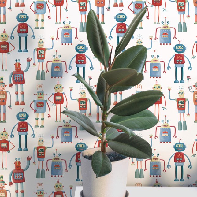Fun Robot Pattern Wallpaper (Fun robot pattern wallpaper for nursery and kids room decor)