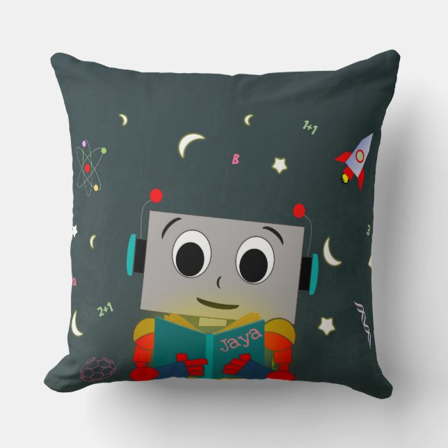 Fun Robot Reading Book With Custom Name Cushion (Front)